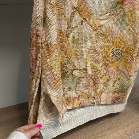Anthropologie The Dreamer Printed V-Neck Cropped Linen Blend Sweater Size Small - Picture 9 of 9